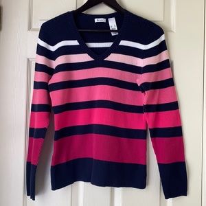 Liz & Co Pink/White/Navy Stripe Vneck Sweater